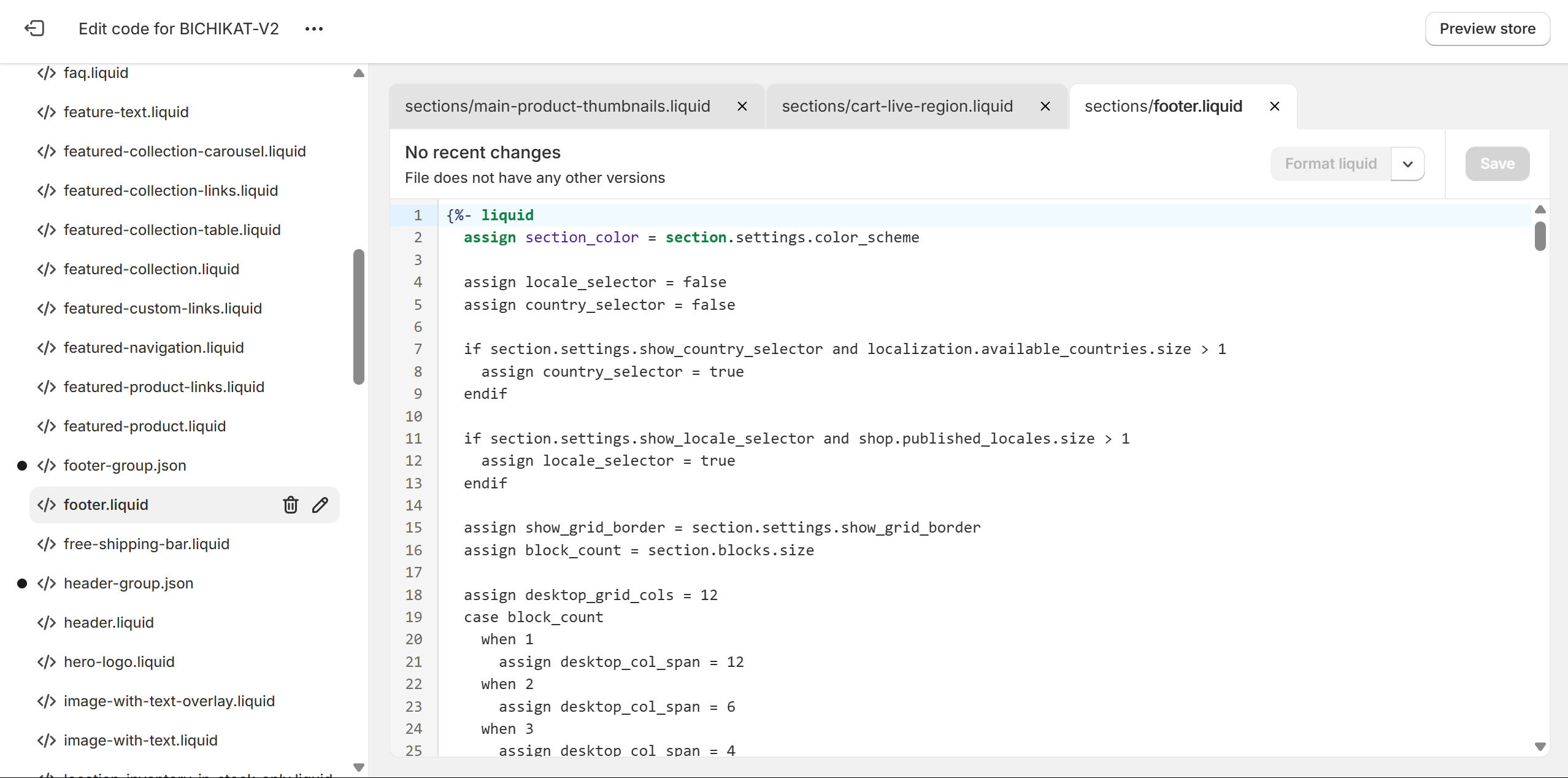 Liquid code snippet showing section implementation