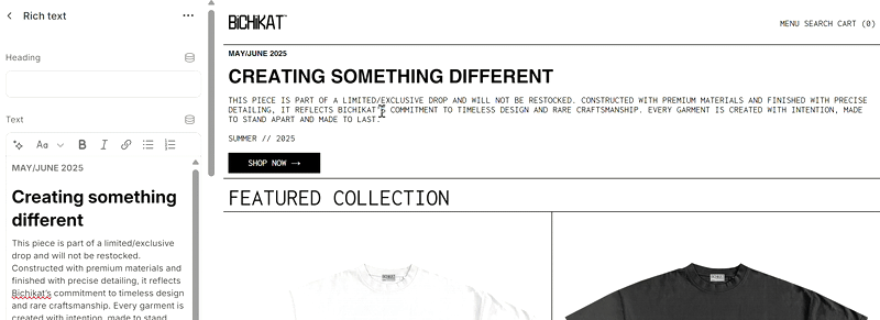 Theme editor showing section customization