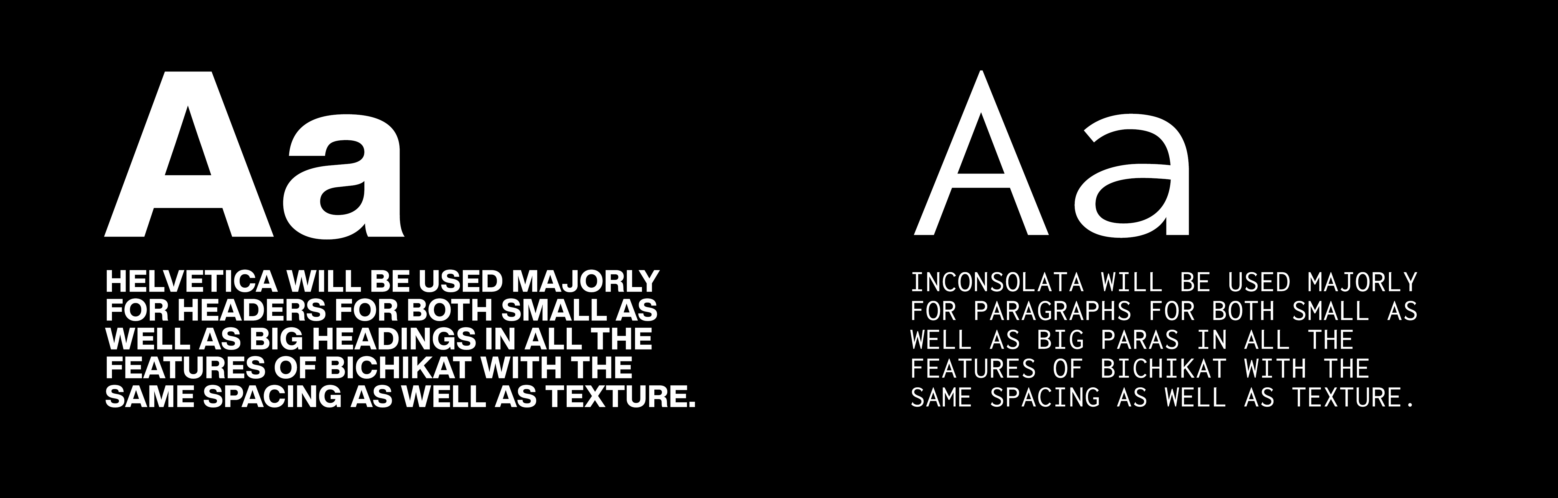 Typography system showing Helvetica headings and Inconsolata body text